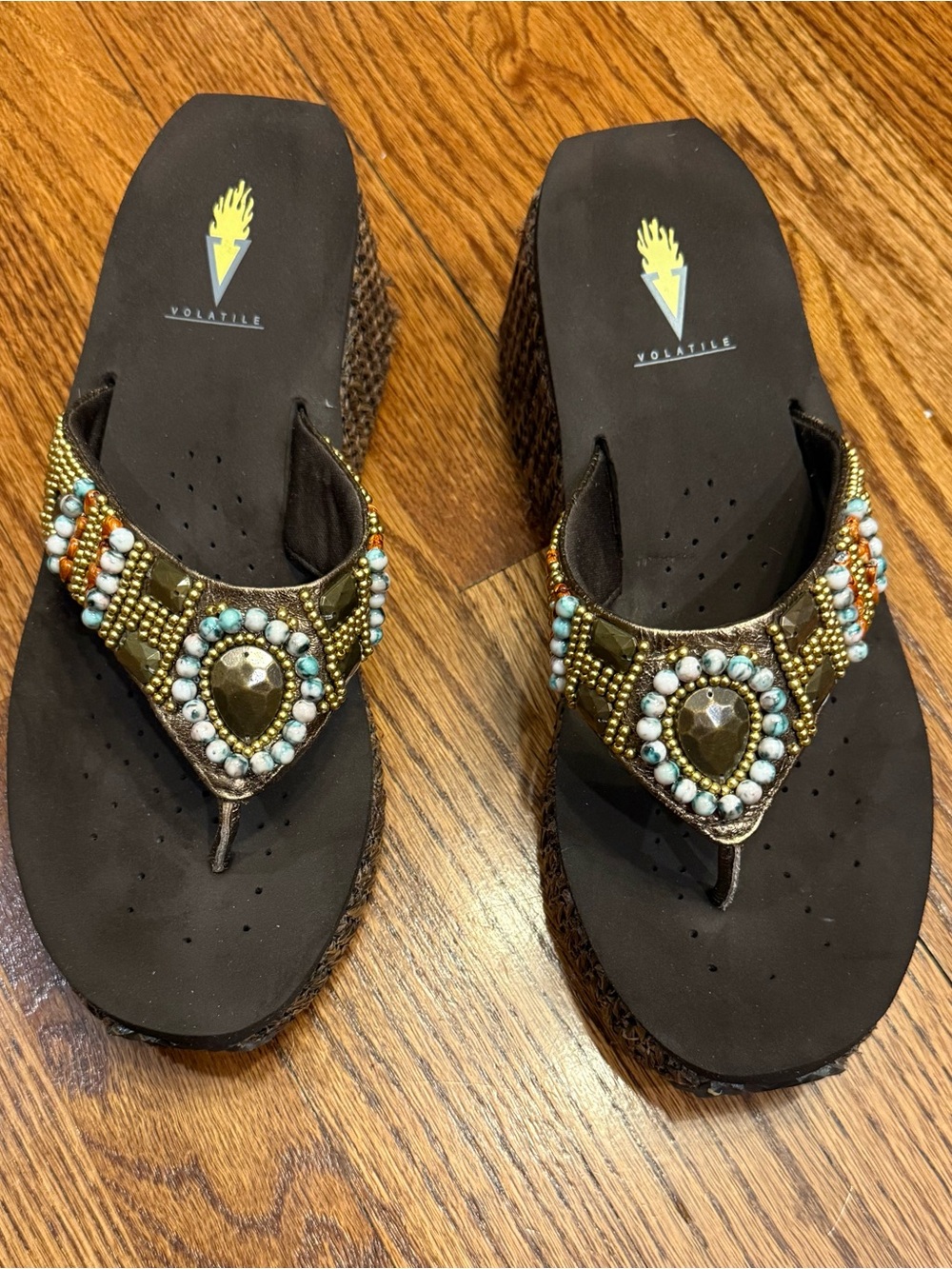 Volatile Brown Beaded Wedge Sandals with Turquoise & Gold Accents